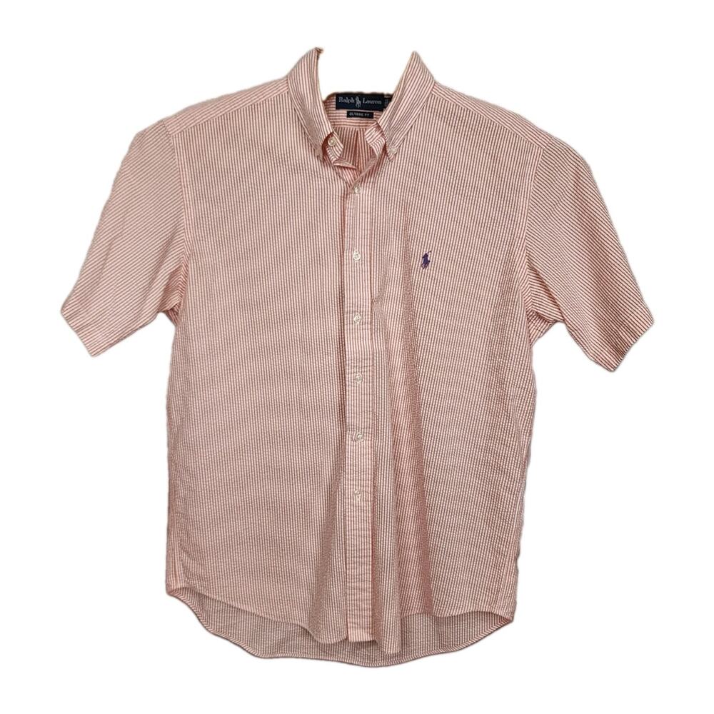 Polo Ralph Lauren Seersucker Button Down Short Sleeve Shirt Large L Stripe Pony
